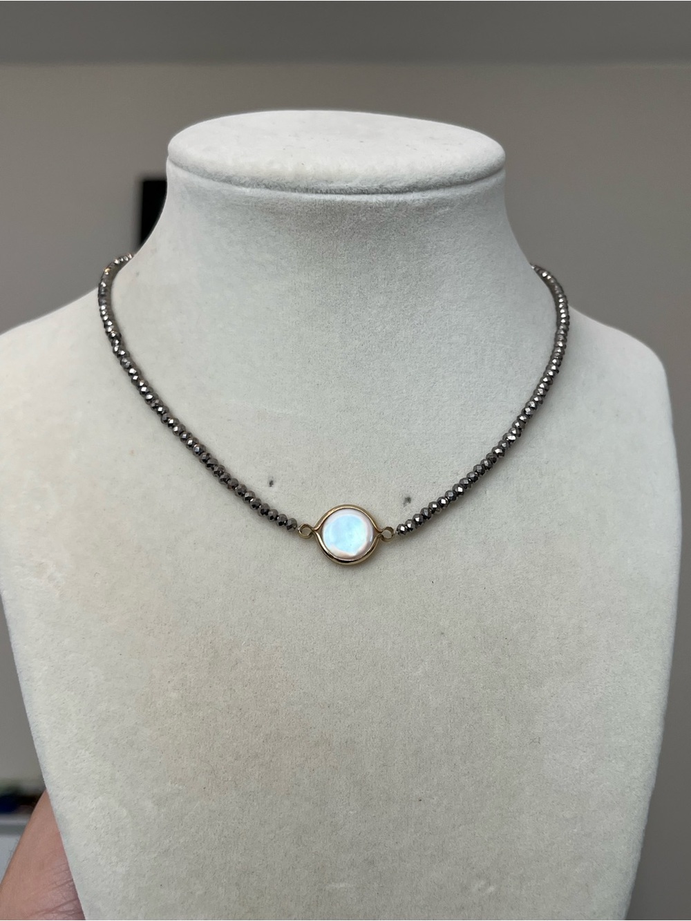 Gunmetal Fresh Pearl Beaded  Necklace Choker 16”